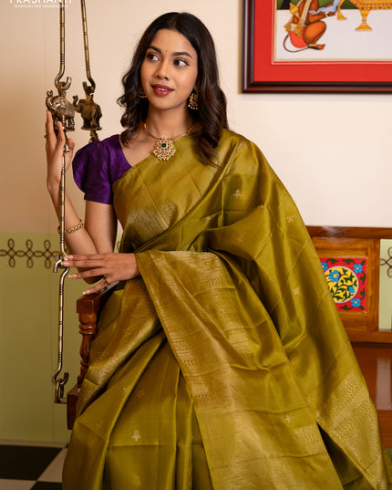 Pure soft silk saree mehendi green with zari woven buttas and rich zari woven border