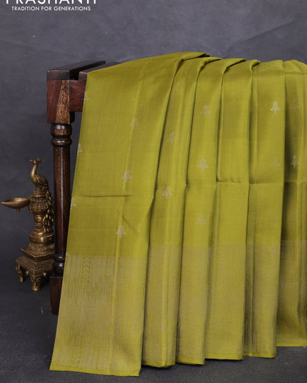 Pure soft silk saree mehendi green with zari woven buttas and rich zari woven border
