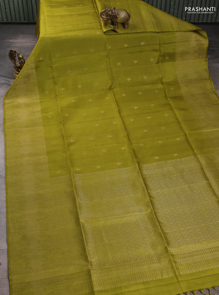 Pure soft silk saree mehendi green with zari woven buttas and rich zari woven border
