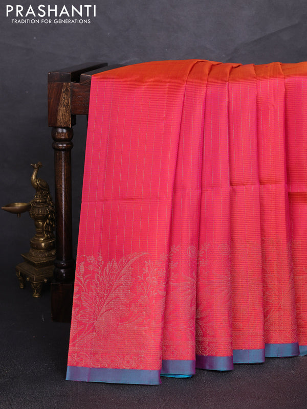 Pure soft silk saree dual shade of pink  and teal green with allover zari stripe pattern and zari woven border