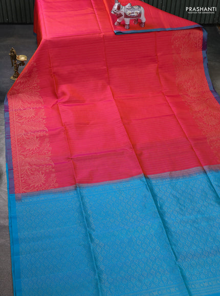 Pure soft silk saree dual shade of pink  and teal green with allover zari stripe pattern and zari woven border