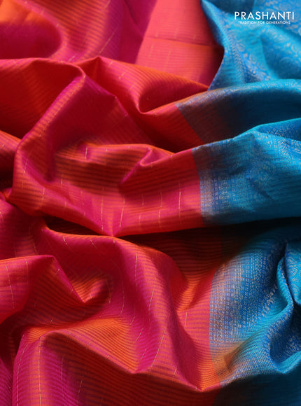 Pure soft silk saree dual shade of pink  and teal green with allover zari stripe pattern and zari woven border