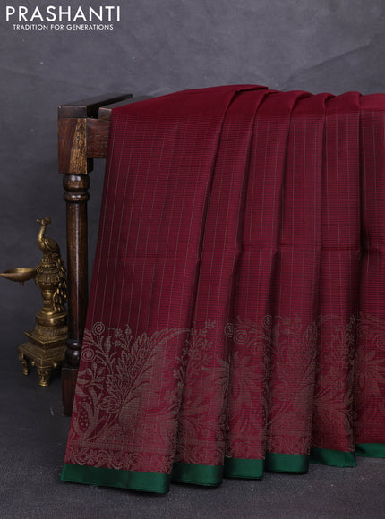 Pure soft silk saree deep maroon and green with allover zari stripe pattern and zari woven border