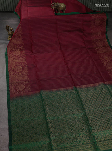 Pure soft silk saree deep maroon and green with allover zari stripe pattern and zari woven border