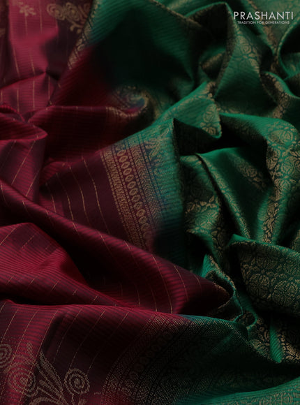 Pure soft silk saree deep maroon and green with allover zari stripe pattern and zari woven border