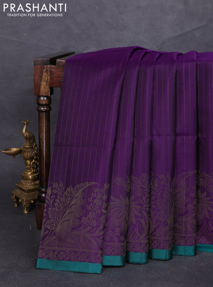 Pure soft silk saree purple and teal green with allover zari stripe pattern and zari woven border