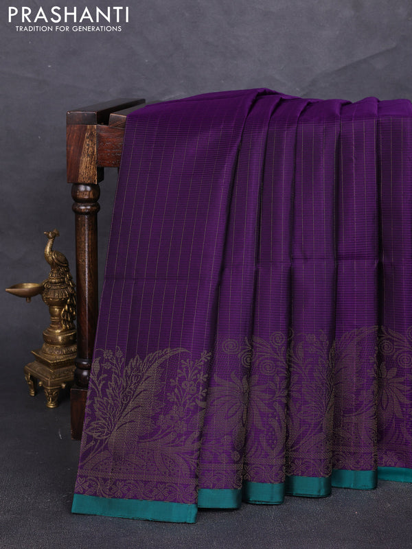 Pure soft silk saree purple and teal green with allover zari stripe pattern and zari woven border