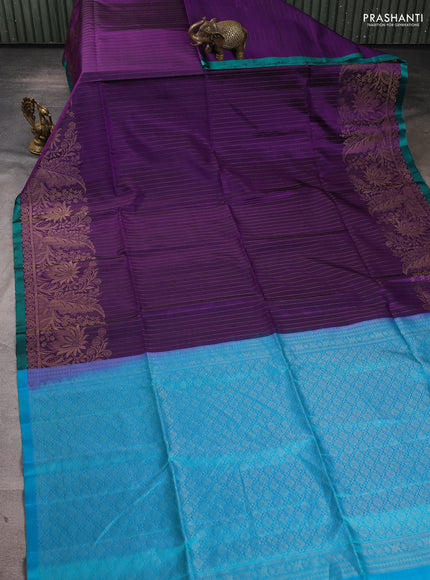 Pure soft silk saree purple and teal green with allover zari stripe pattern and zari woven border
