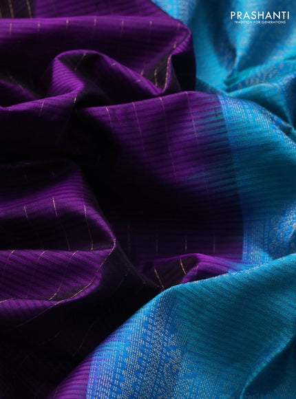 Pure soft silk saree purple and teal green with allover zari stripe pattern and zari woven border