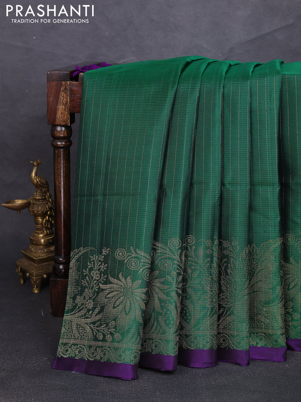 Pure soft silk saree bottle green and violet with allver zari stripe pattern and zari woven border