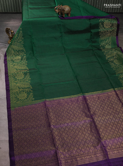 Pure soft silk saree bottle green and violet with allver zari stripe pattern and zari woven border