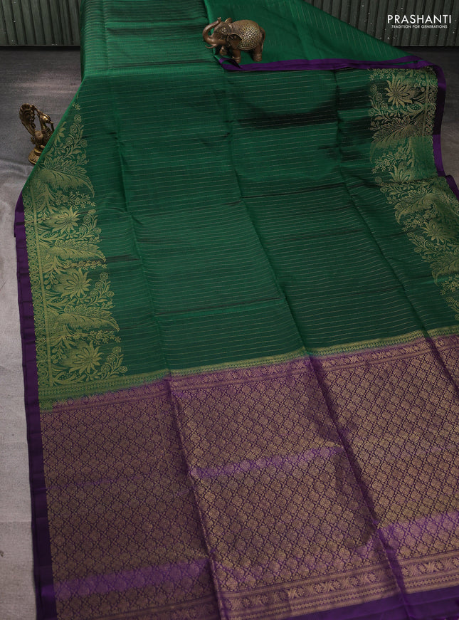 Pure soft silk saree bottle green and violet with allver zari stripe pattern and zari woven border