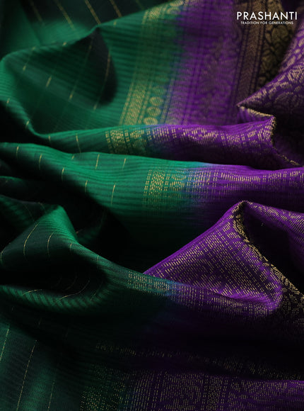 Pure soft silk saree bottle green and violet with allver zari stripe pattern and zari woven border