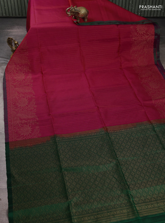 Pure soft silk saree pink and green with allover zari stripe pattern and zari woven border