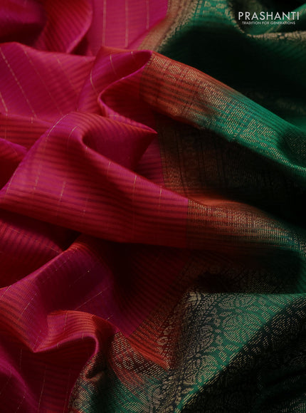 Pure soft silk saree pink and green with allover zari stripe pattern and zari woven border