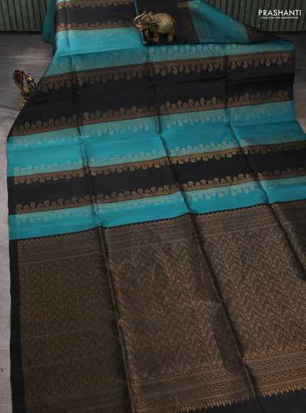 Pure soft silk saree peacock green and black with allover zari weaves in borderless style