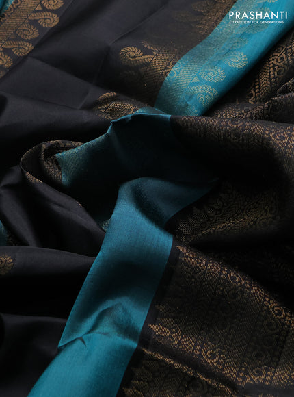 Pure soft silk saree peacock green and black with allover zari weaves in borderless style