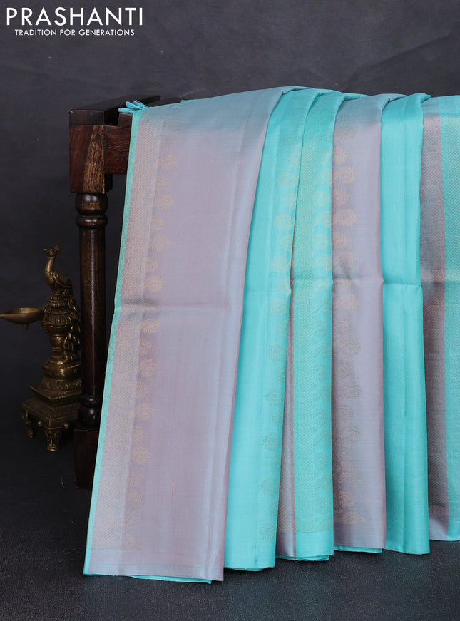 Pure soft silk saree teal blue with allover zari weaves in borderless style