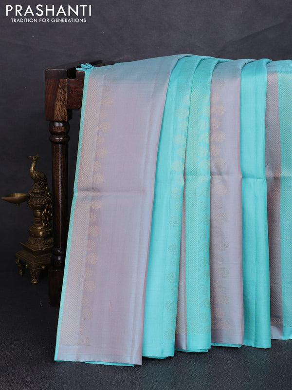 Pure soft silk saree teal blue with allover zari weaves in borderless style