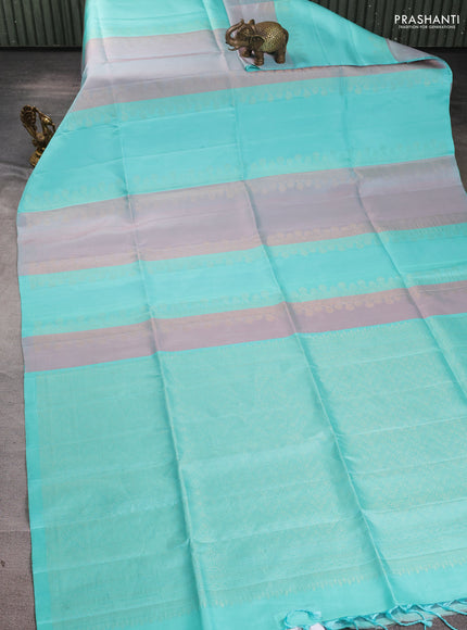 Pure soft silk saree teal blue with allover zari weaves in borderless style