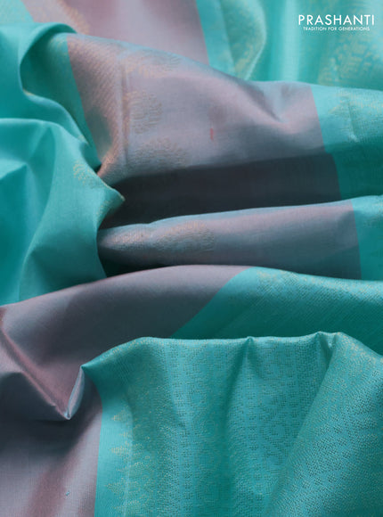 Pure soft silk saree teal blue with allover zari weaves in borderless style