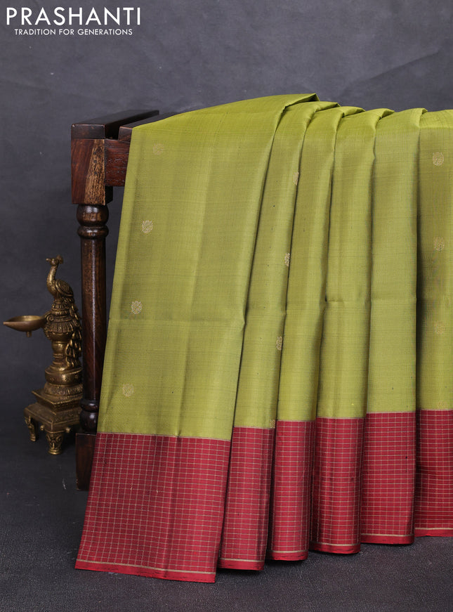 Pure soft silk saree mehendi green and maroon with zari woven buttas and zari woven border