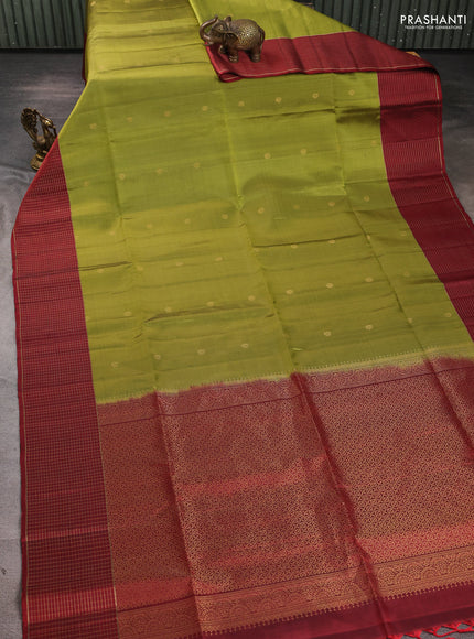 Pure soft silk saree mehendi green and maroon with zari woven buttas and zari woven border