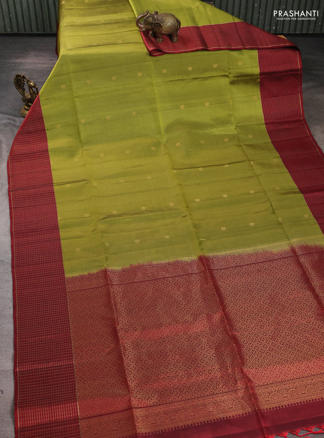 Pure soft silk saree mehendi green and maroon with zari woven buttas and zari woven border
