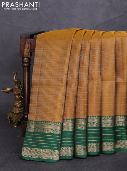 Pure soft silk saree mustard yellow and green with allover laksha deepam pattern and zari woven border