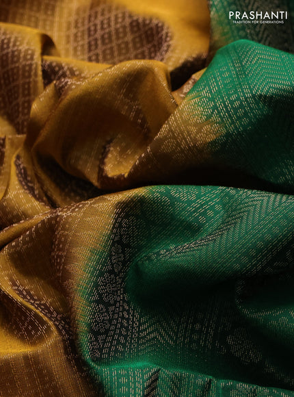Pure soft silk saree mustard yellow and green with allover laksha deepam pattern and zari woven border