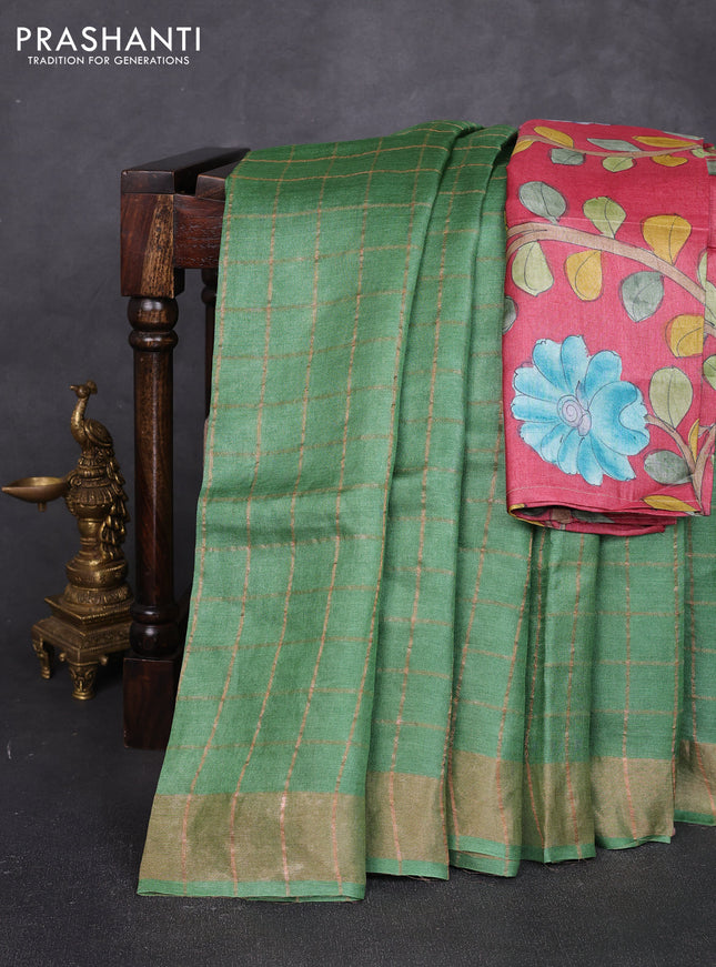 Pure tussar silk saree green and red shade with allover zari checked pattern and zari woven border