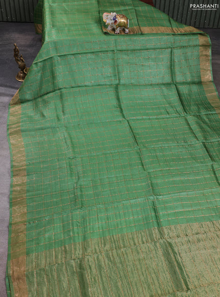 Pure tussar silk saree green and red shade with allover zari checked pattern and zari woven border