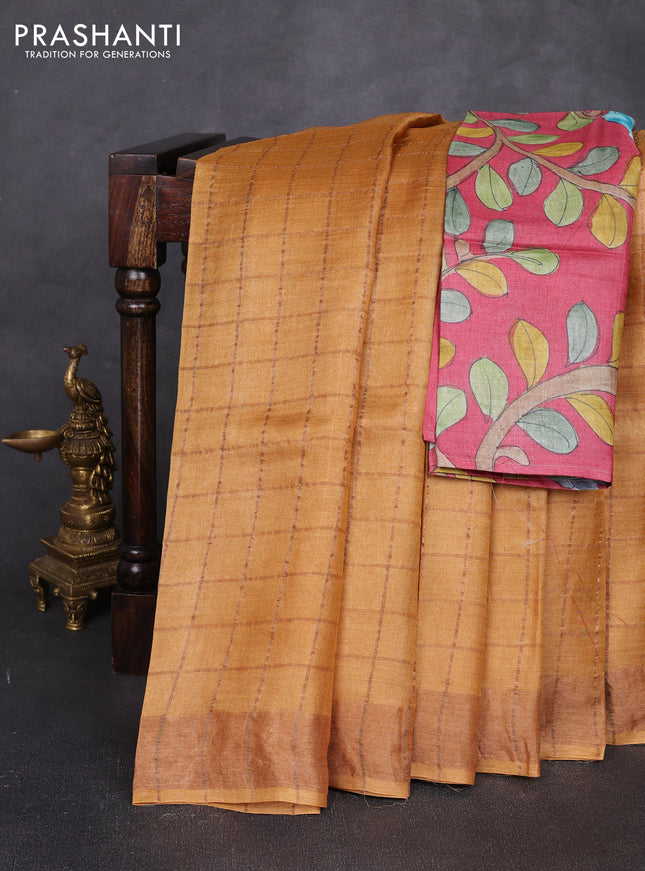 Pure tussar silk saree mustard yellow and red shade with allover zari checked pattern and zari woven border