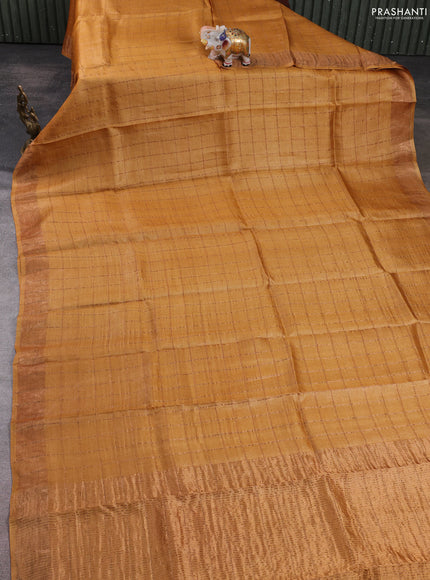 Pure tussar silk saree mustard yellow and red shade with allover zari checked pattern and zari woven border