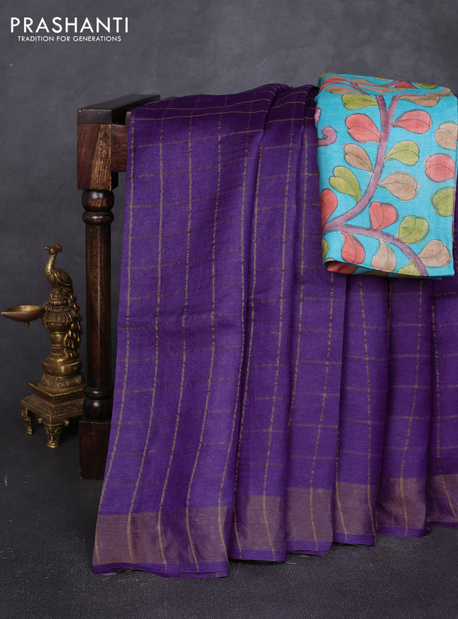 Pure tussar silk saree purple and teal blue with allover zari checked pattern and zari woven border