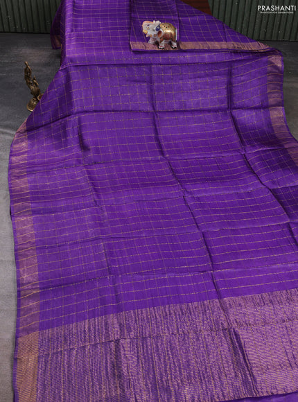 Pure tussar silk saree purple and teal blue with allover zari checked pattern and zari woven border
