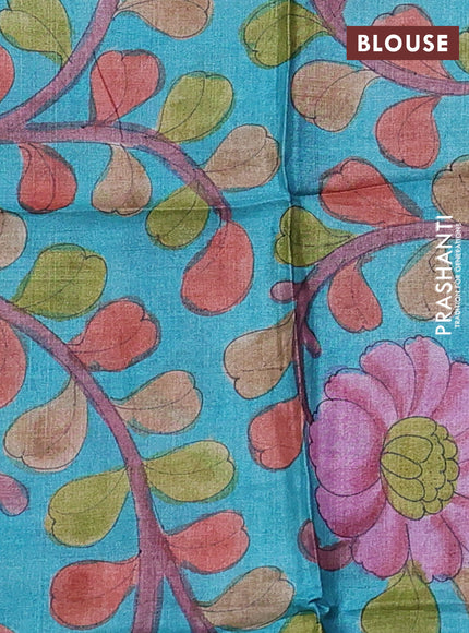 Pure tussar silk saree purple and teal blue with allover zari checked pattern and zari woven border