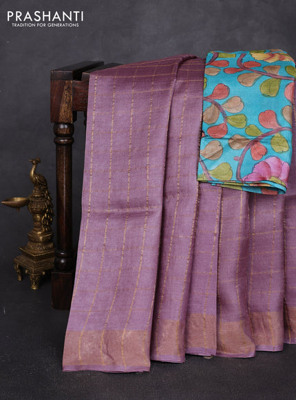 Pure tussar silk saree pastel purple and teal blue with allover zari checked pattern and zari woven border