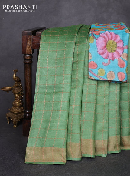 Pure tussar silk saree green and teal blue with allover zari checked pattern and zari woven border