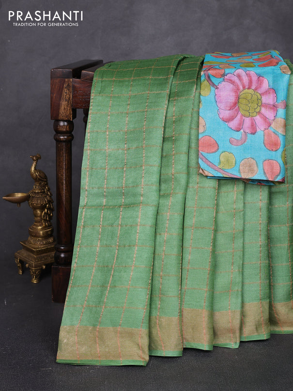 Pure tussar silk saree green and teal blue with allover zari checked pattern and zari woven border
