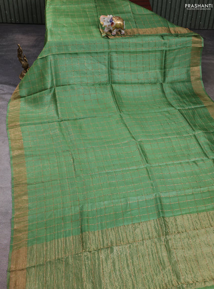 Pure tussar silk saree green and teal blue with allover zari checked pattern and zari woven border