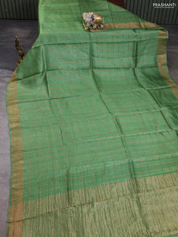 Pure tussar silk saree green and teal blue with allover zari checked pattern and zari woven border