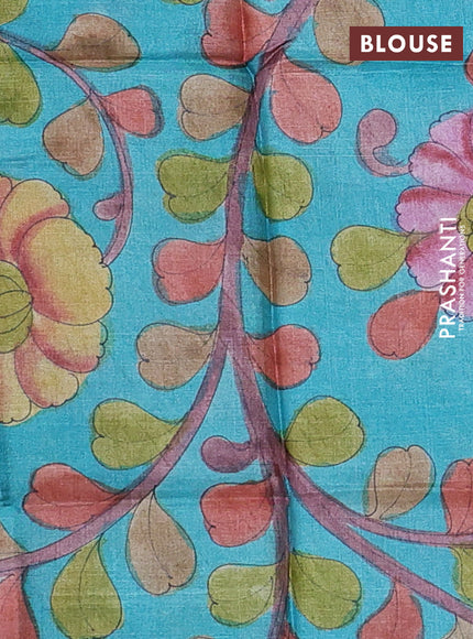 Pure tussar silk saree green and teal blue with allover zari checked pattern and zari woven border