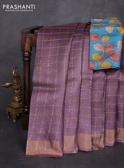 Pure tussar silk saree rosy brown and cs blue with allover zari checked pattern and zari woven border