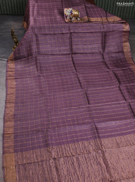 Pure tussar silk saree rosy brown and cs blue with allover zari checked pattern and zari woven border