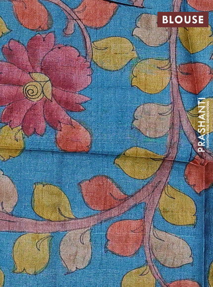 Pure tussar silk saree rosy brown and cs blue with allover zari checked pattern and zari woven border