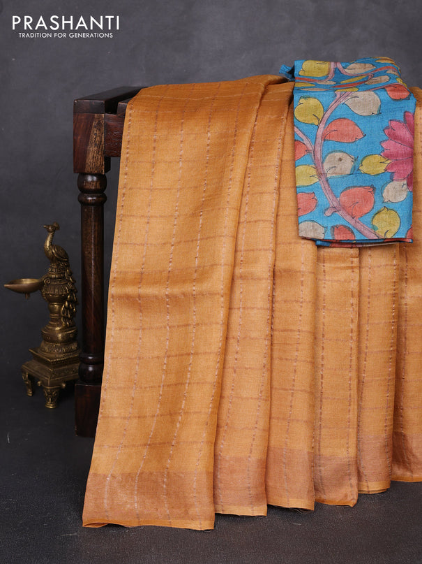 Pure tussar silk saree mustard yellow and cs blue with allover zari checked pattern and zari woven border