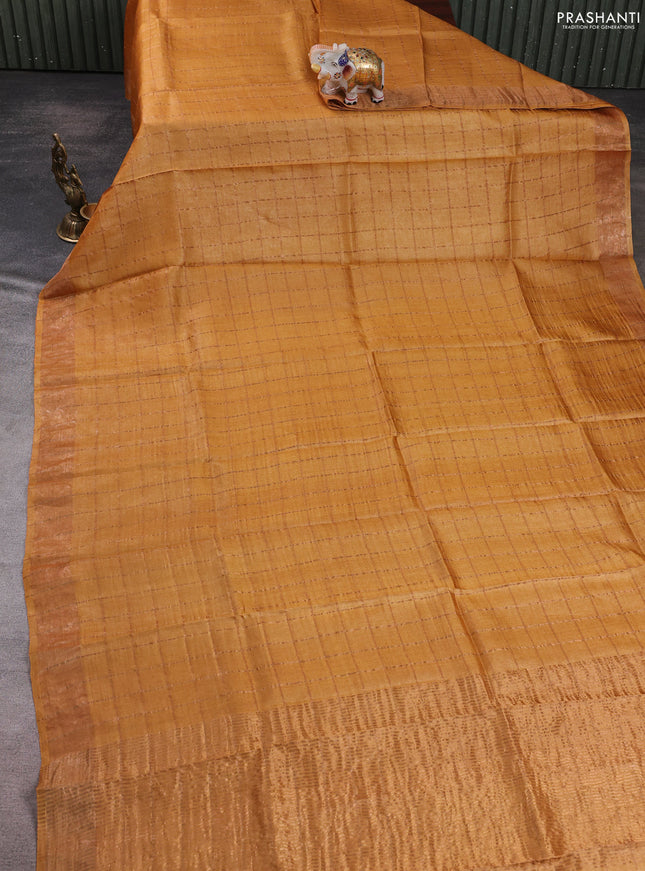 Pure tussar silk saree mustard yellow and cs blue with allover zari checked pattern and zari woven border