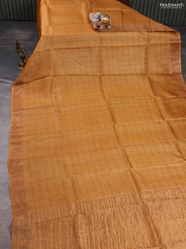 Pure tussar silk saree mustard yellow and cs blue with allover zari checked pattern and zari woven border