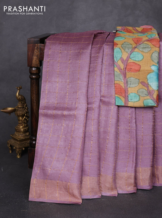 Pure tussar silk saree pastel purple and mustard yellow with allover zari checked pattern and zari woven border